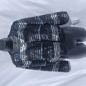R&M Richards | Womans Black & Silver Sequin Cropped Evening Jacket - Size M